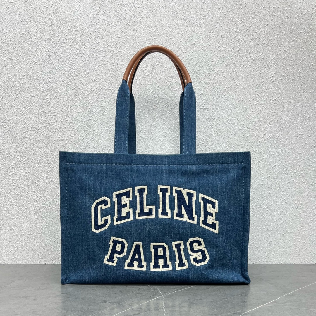 Celine Large Cabas Thais In Denim Fabric With Celine Print And Calfskin Blue 196762